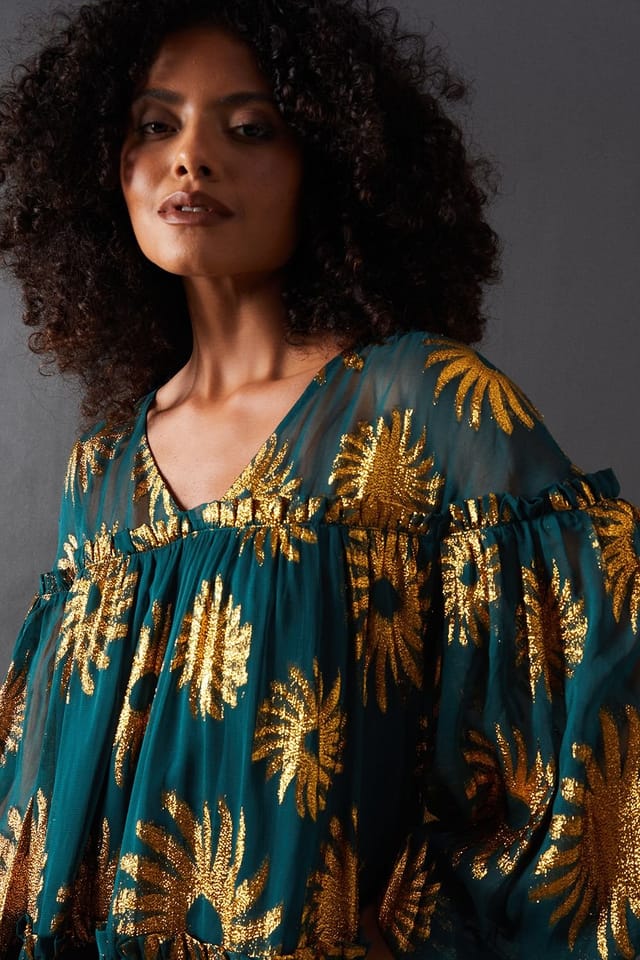 Warehouse Warehouse Women's Sun Metallic Jacquard Frill Detail Mini Smock Dress in Dark Green - 2
