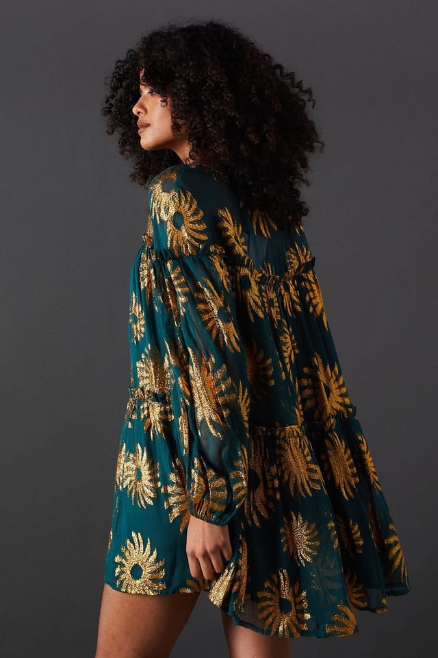 Warehouse Warehouse Women's Sun Metallic Jacquard Frill Detail Mini Smock Dress in Dark Green - 3