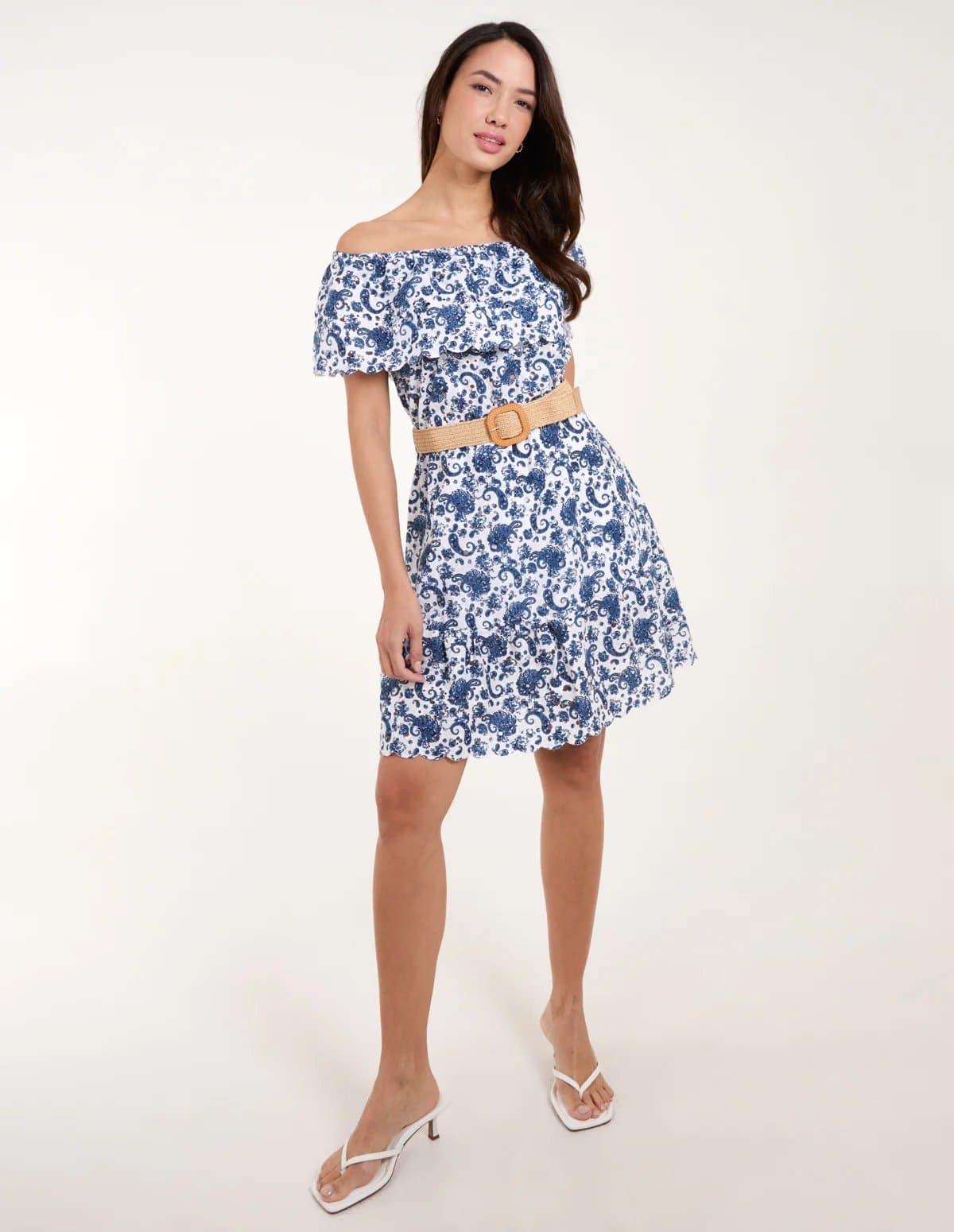 Blue Vanilla Bardot Broderie Mini Belted Dress