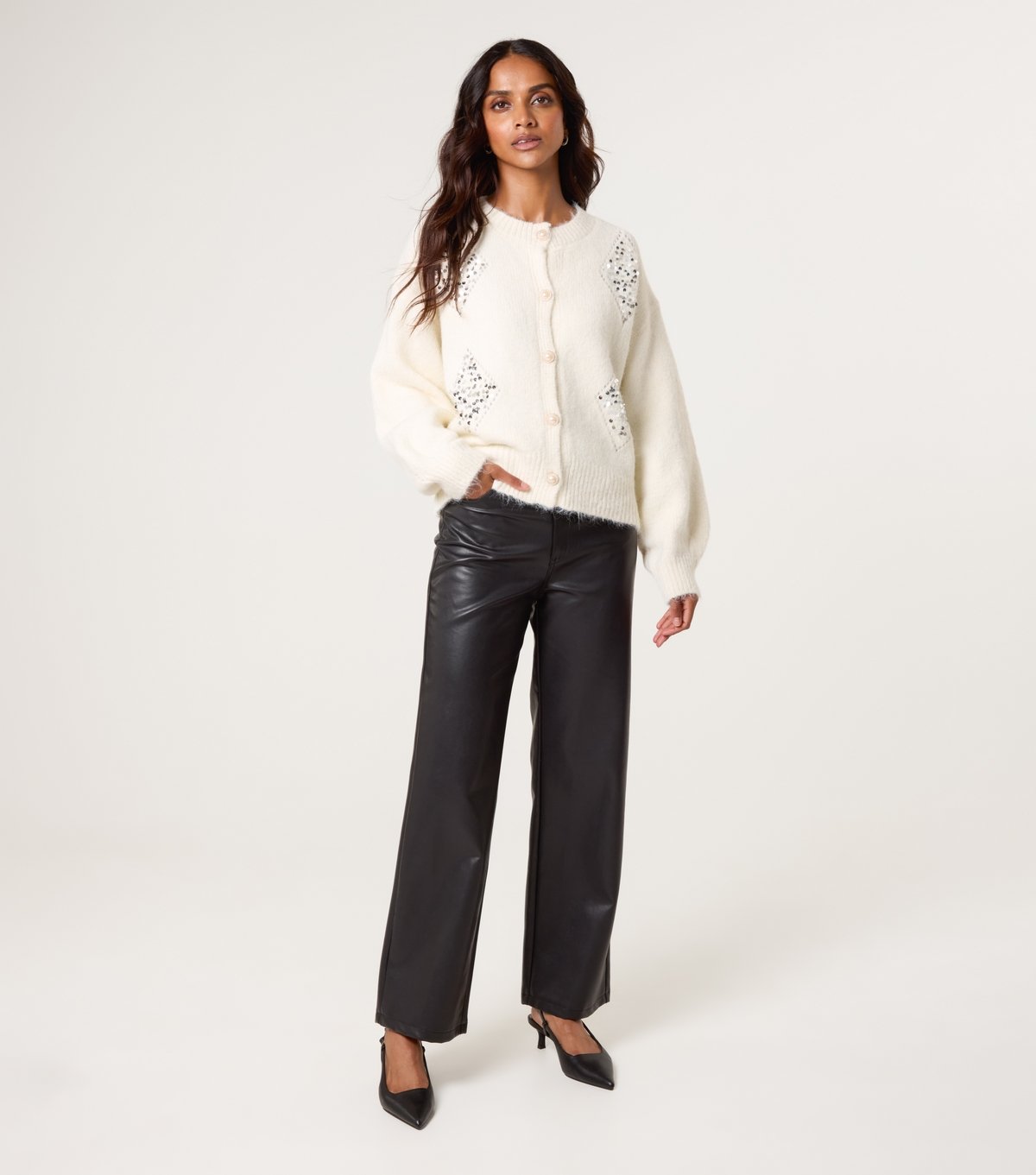 Blue Vanilla Women's Off White Sequin Embellished Cardigan Blue Vanilla New Look - 2