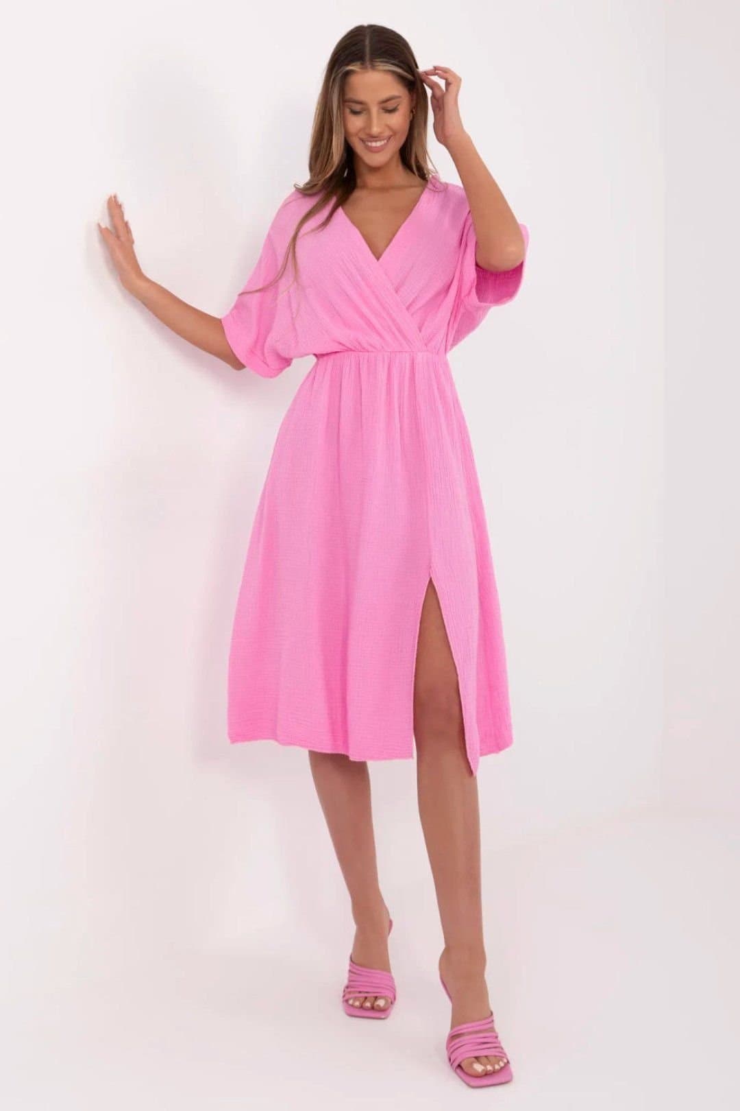 Love Lace Love Lace Women's Cotton Muslin Wrap Midi Summer Dress Style 212055 in Pink