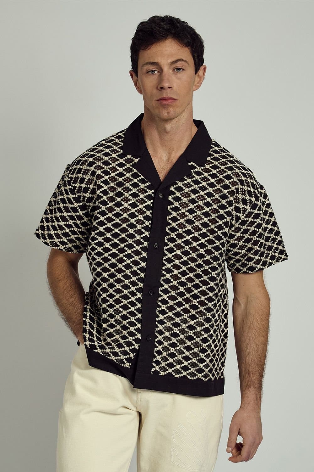Native Youth Native Youth Men's Cotton Blend Short Sleeve Crochet Shirt in Black