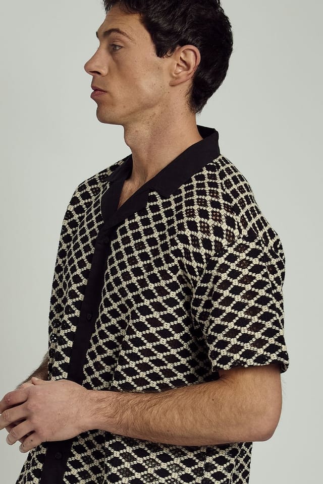 Native Youth Native Youth Men's Cotton Blend Short Sleeve Crochet Shirt in Black - 3