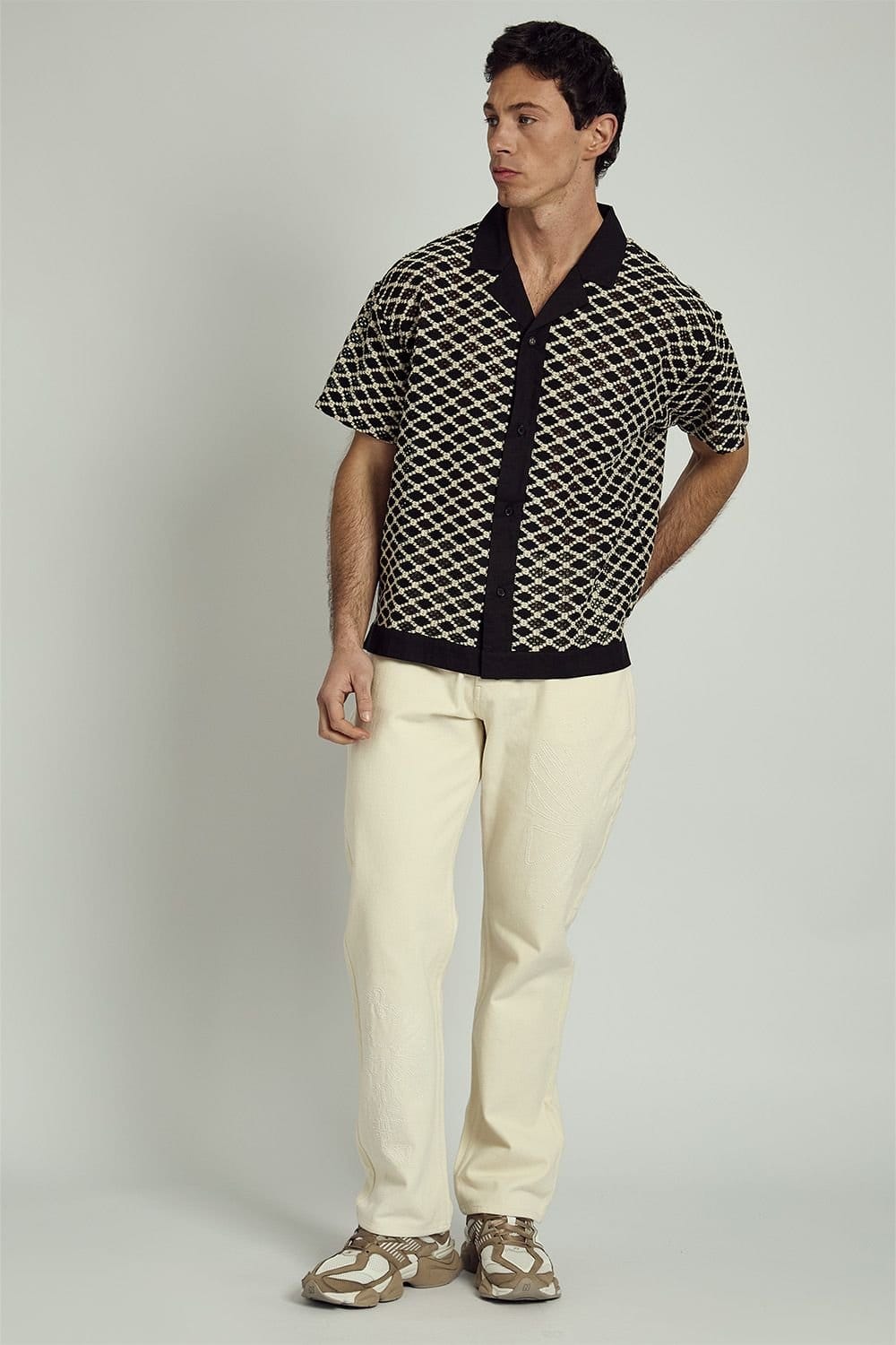 Native Youth Native Youth Men's Cotton Blend Short Sleeve Crochet Shirt in Black - 4