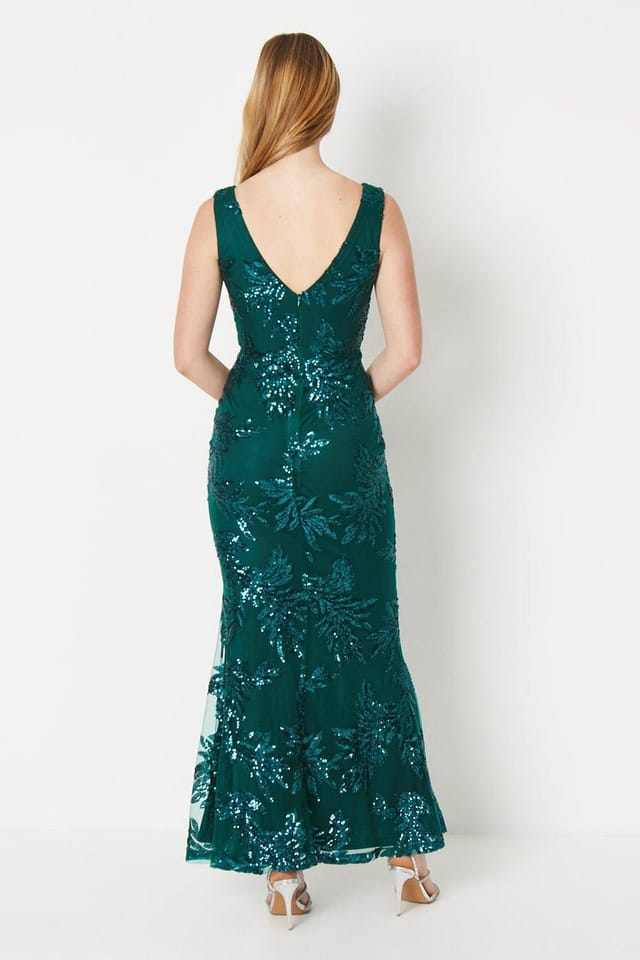 Debut London Debut London Women's by Coast Embroidered Sequin Mesh Plunge Prom Dress in Emerald - 3
