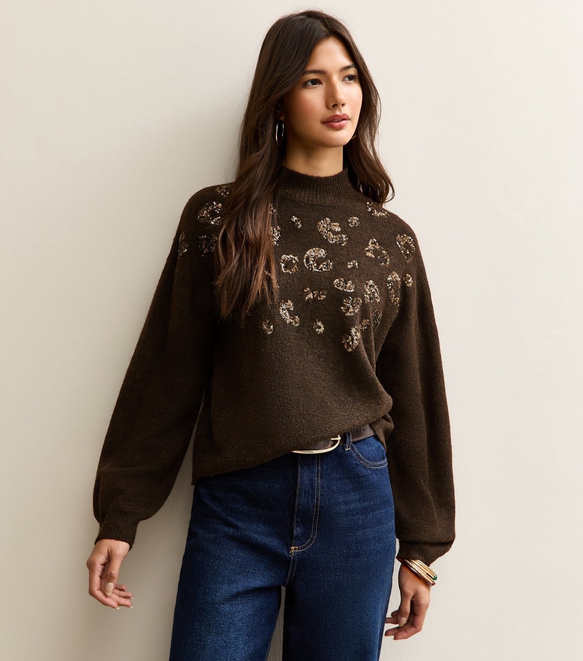 New Look Women's Dark Brown Sequin Animal Motif Mock Neck Jumper New Look - 2
