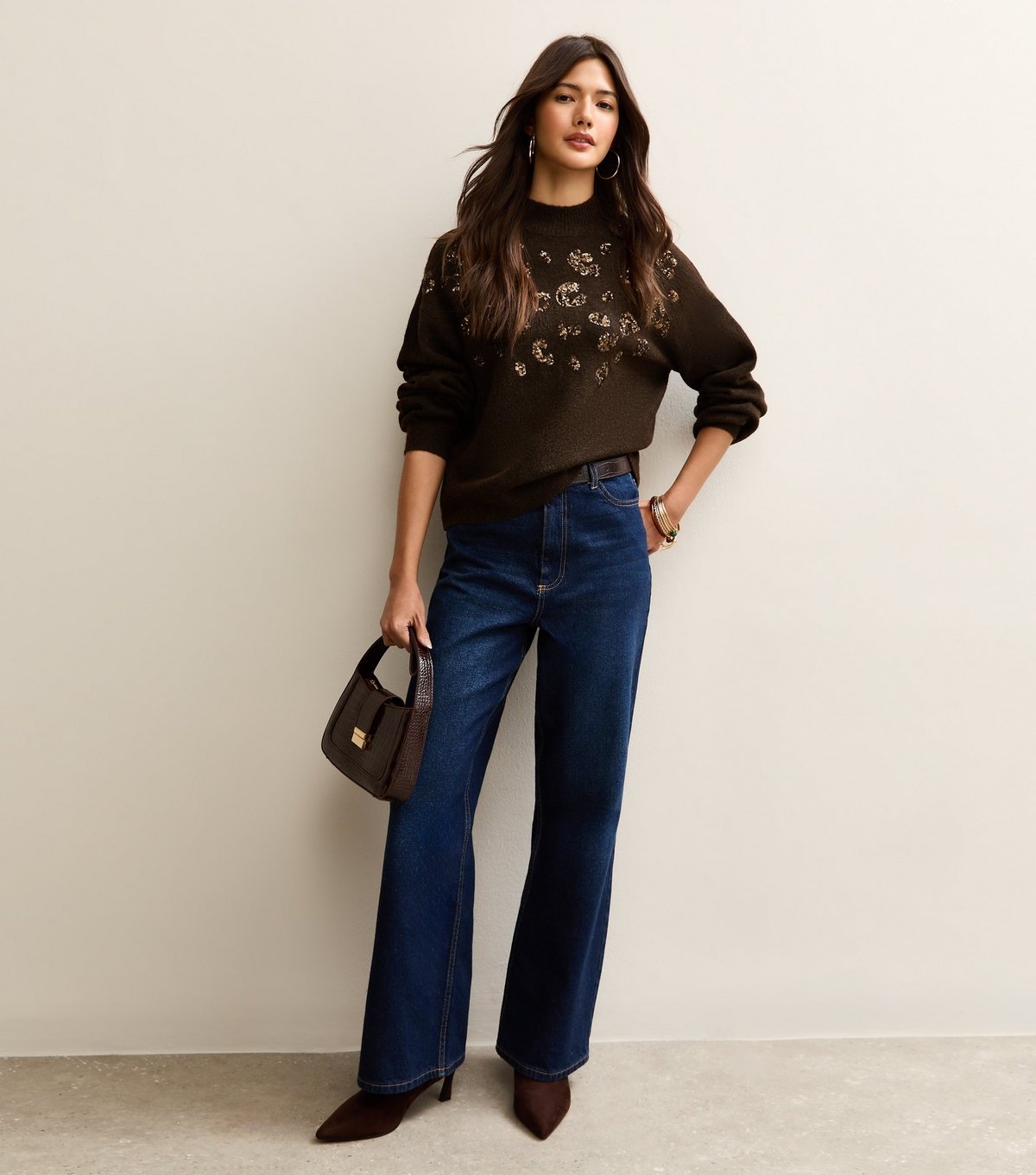 New Look Women's Dark Brown Sequin Animal Motif Mock Neck Jumper New Look - 3