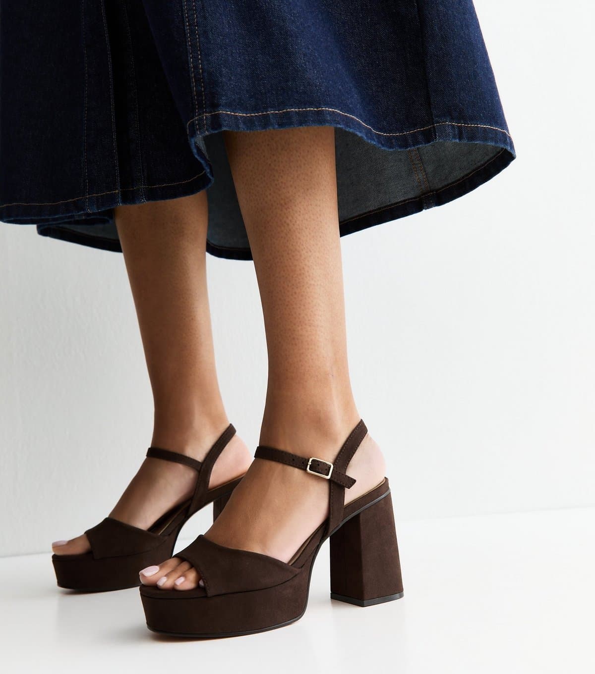 New Look Women's Brown Faux Suede Platform Block Heel Sandals Vegan New Look