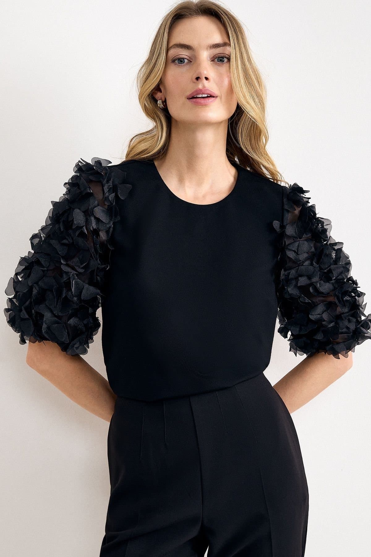 Phase Eight Phase Eight Women's Aida Woven Ruffle Sleeve Top in True Black