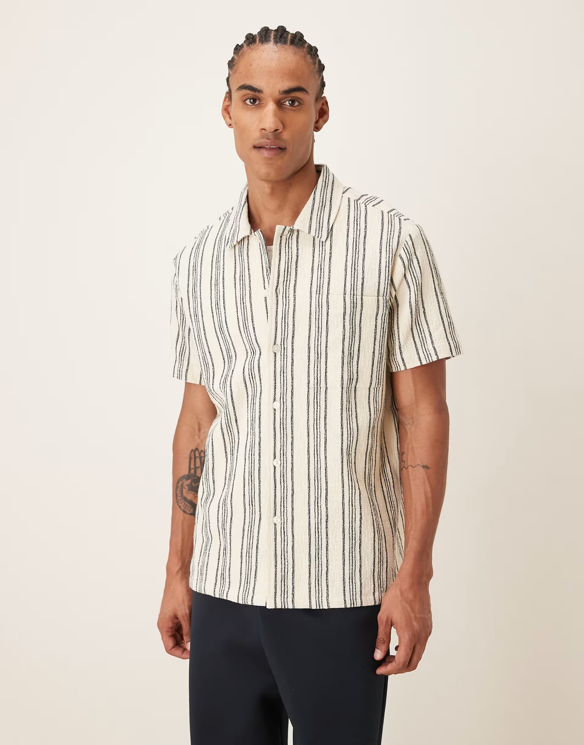 ASOS Farah Simon short sleeve logo shirt in ecru stripe