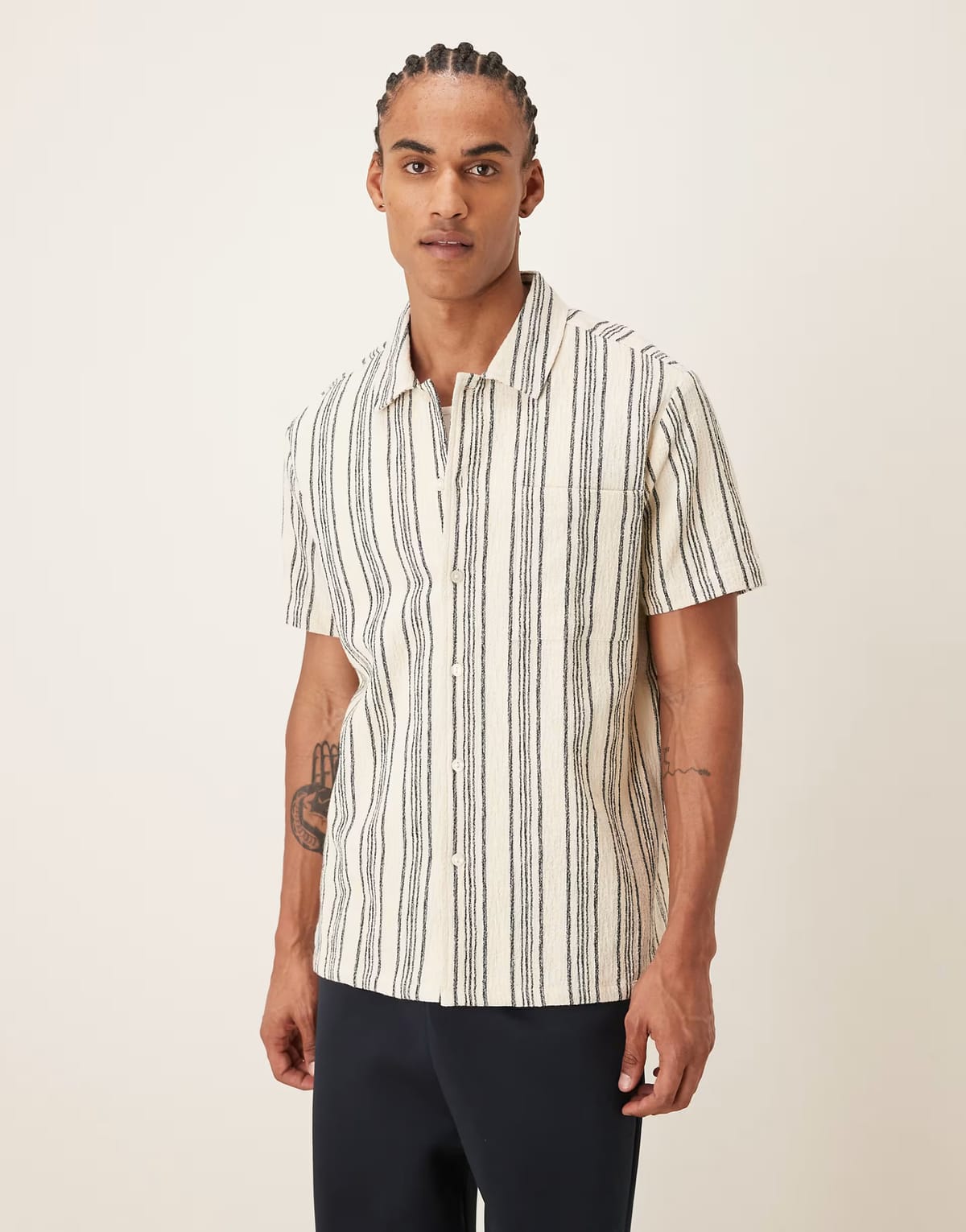 ASOS Farah Simon short sleeve logo shirt in ecru stripe - 1