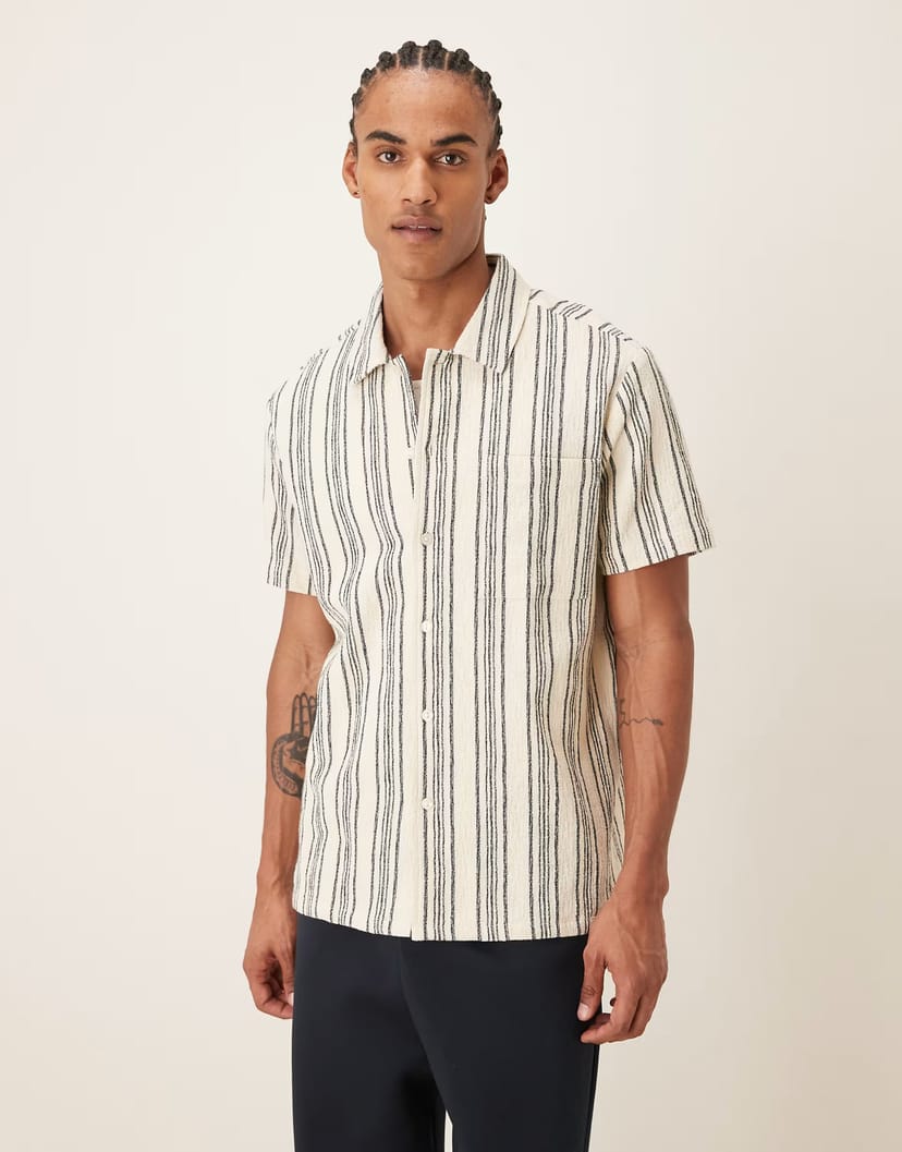 ASOS Farah Simon short sleeve logo shirt in ecru stripe - 1