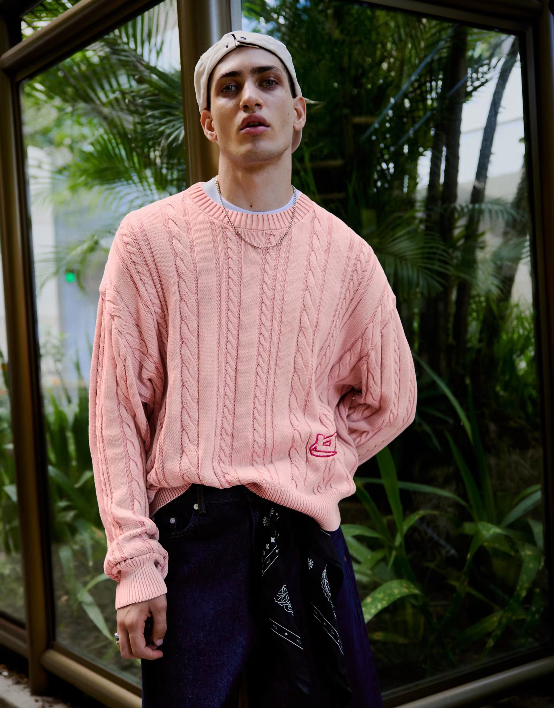 ASOS Bershka Cable knit round neck jumper in pink - 1