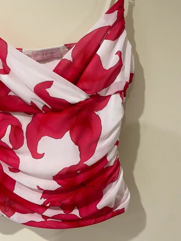 million dolla babe Vintage y2k pink and white ruched layered crash cami top with orchid print