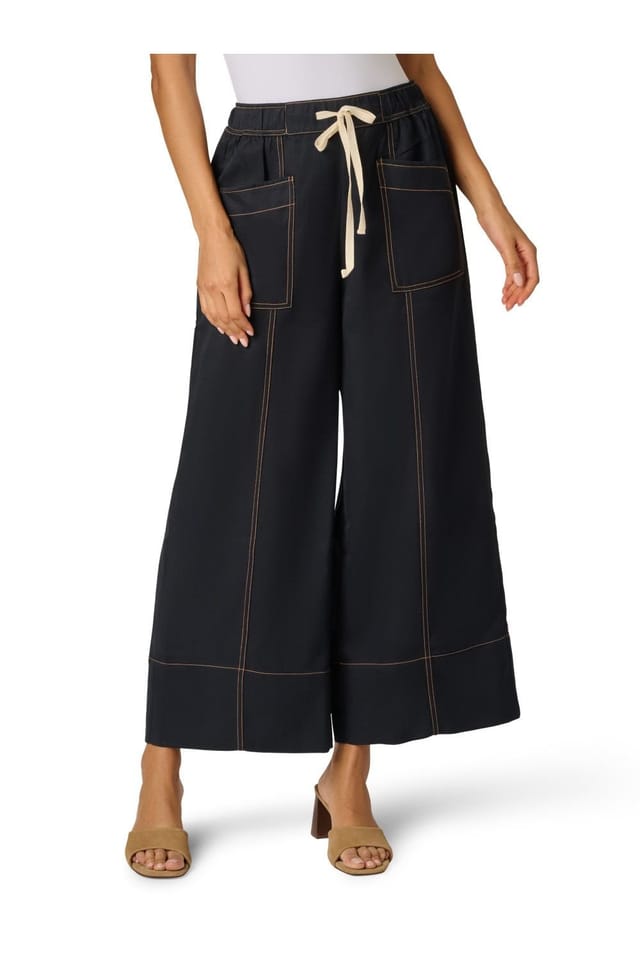 Adrianna Papell Adrianna Papell Women's Drawstring Tie Contrast Stitch Detail Wide Leg Pull On Trousers in Navy - 2