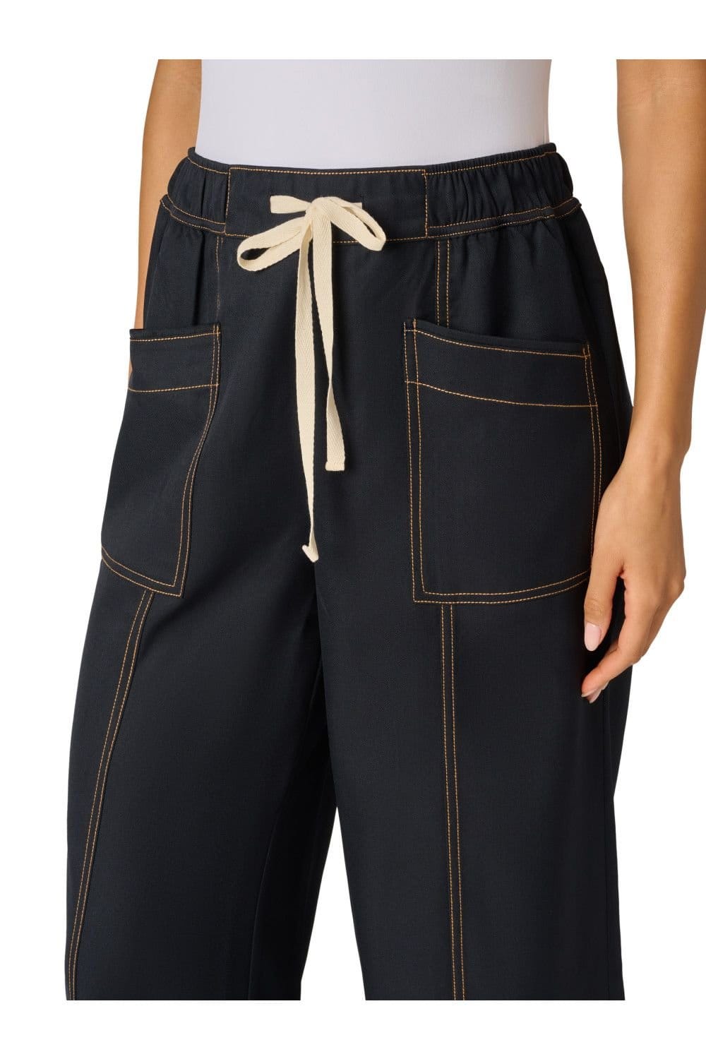 Adrianna Papell Adrianna Papell Women's Drawstring Tie Contrast Stitch Detail Wide Leg Pull On Trousers in Navy - 4