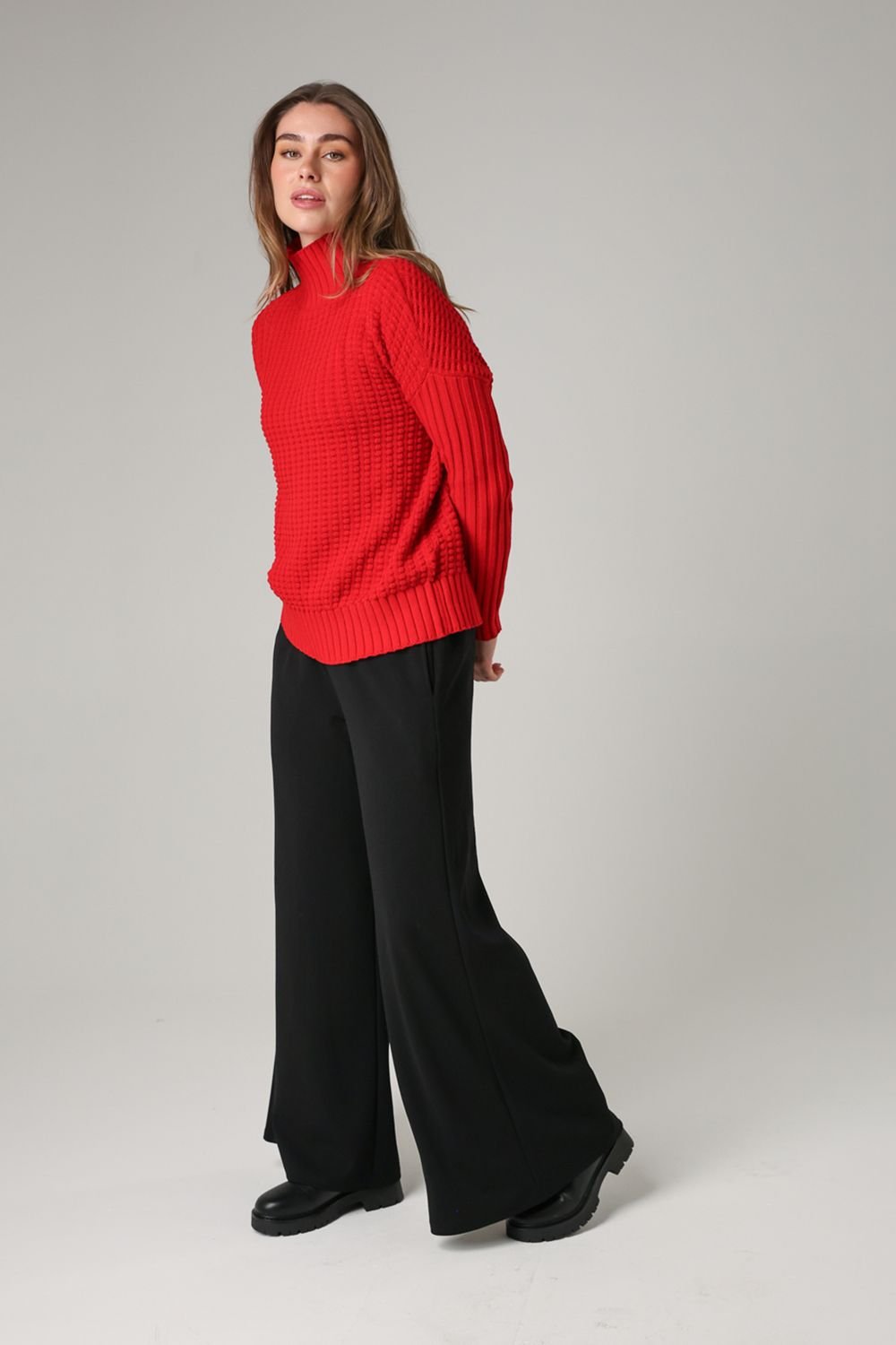 French Connection French Connection Women's Cotton Mozart Popcorn Knit High Neck Jumper in Red - 3