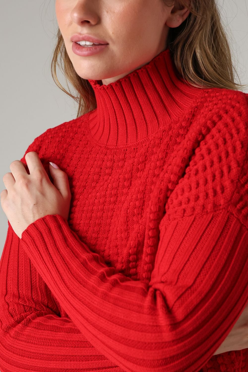 French Connection French Connection Women's Cotton Mozart Popcorn Knit High Neck Jumper in Red - 4