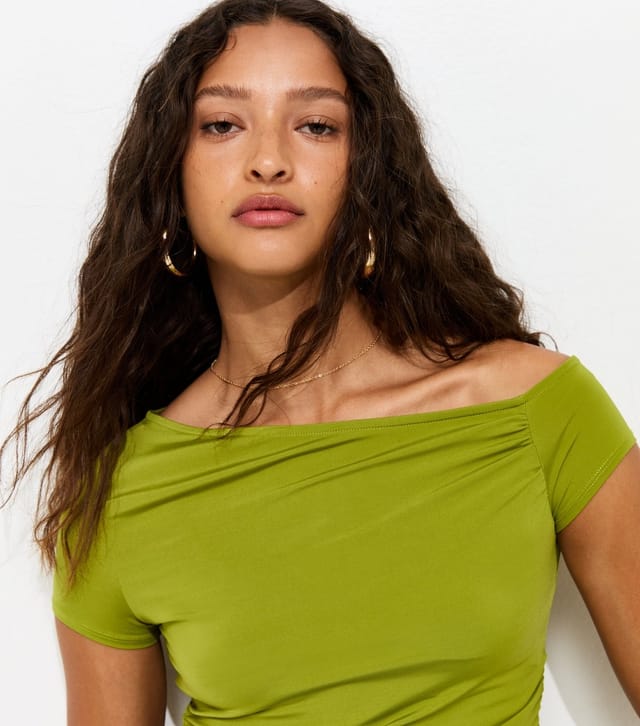 New Look Women's Bright Green Slinky Off Shoulder Gathered Side Top New Look - 3