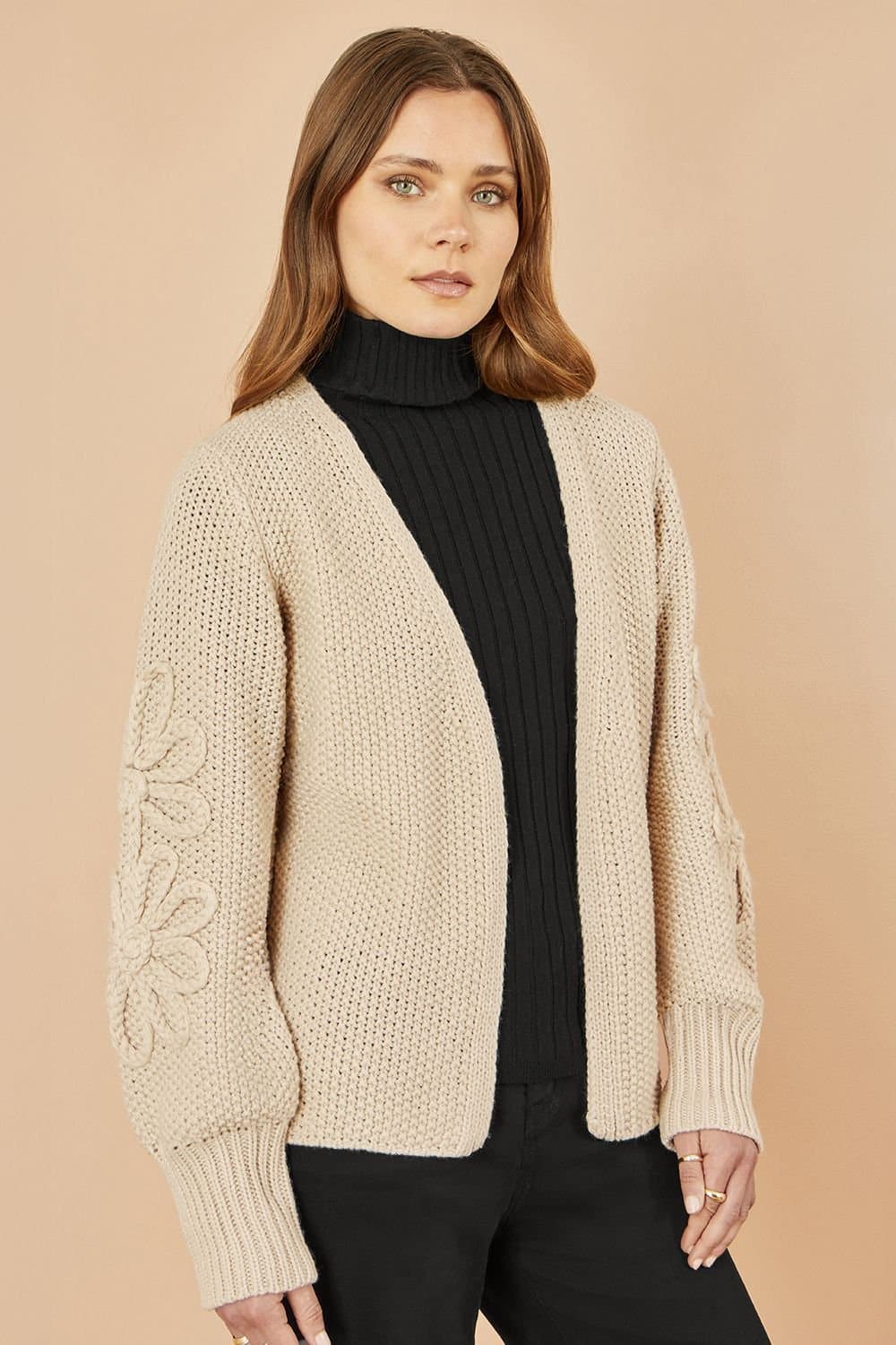 Yumi Yumi Beige Chunky Knit Cardigan With Flower Detail Sleeves