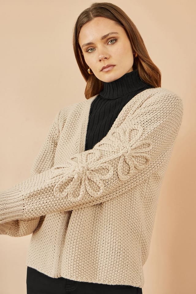 Yumi Yumi Women's Beige Edge to Edge Cardigan With Flower Detail Sleeves - 2