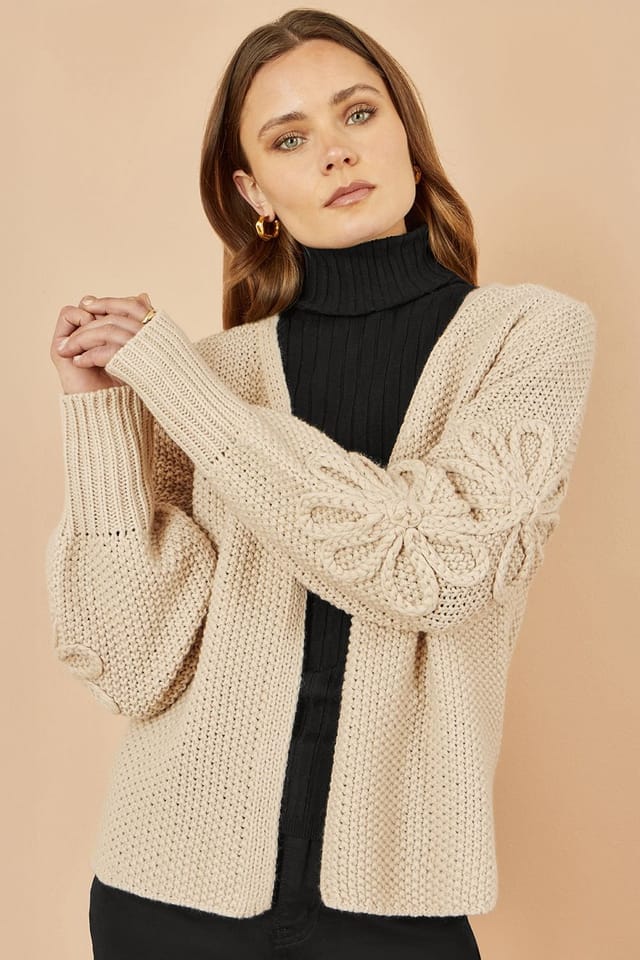 Yumi Yumi Women's Beige Edge to Edge Cardigan With Flower Detail Sleeves - 3