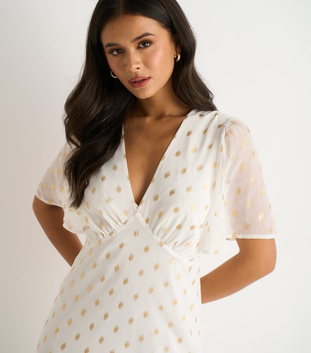 Gini London Women's White V-Neck Foiled Midi Dress Gini London New Look - 2