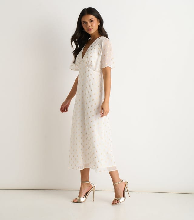 Gini London Women's White V-Neck Foiled Midi Dress Gini London New Look - 3