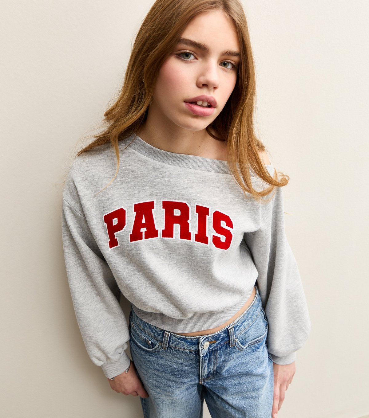 New Look Girls' Grey Paris Logo Off The Shoulder Sweatshirt New Look - 2
