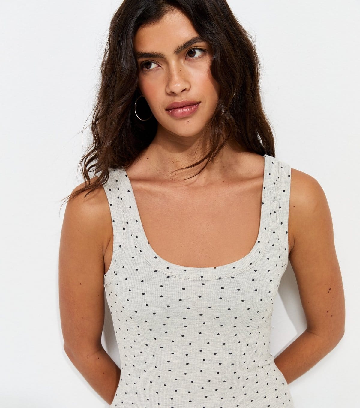 Women's Grey With Cotton Spot Print Wide Strap Scoop Neck Vest Top New Look