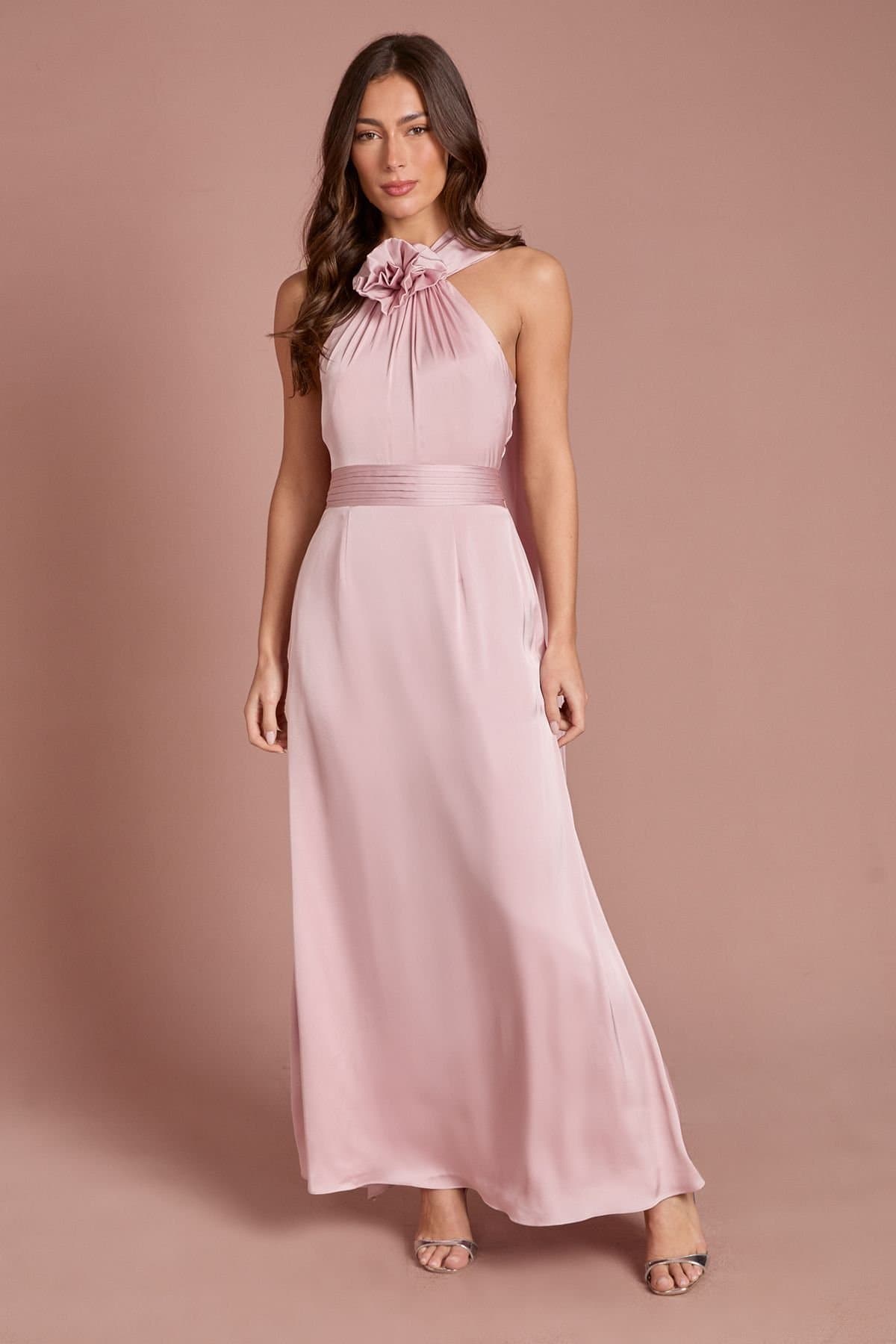 Coast Coast Women's 3D Corsage Satin Maxi Dress With Drape Detail in Pink