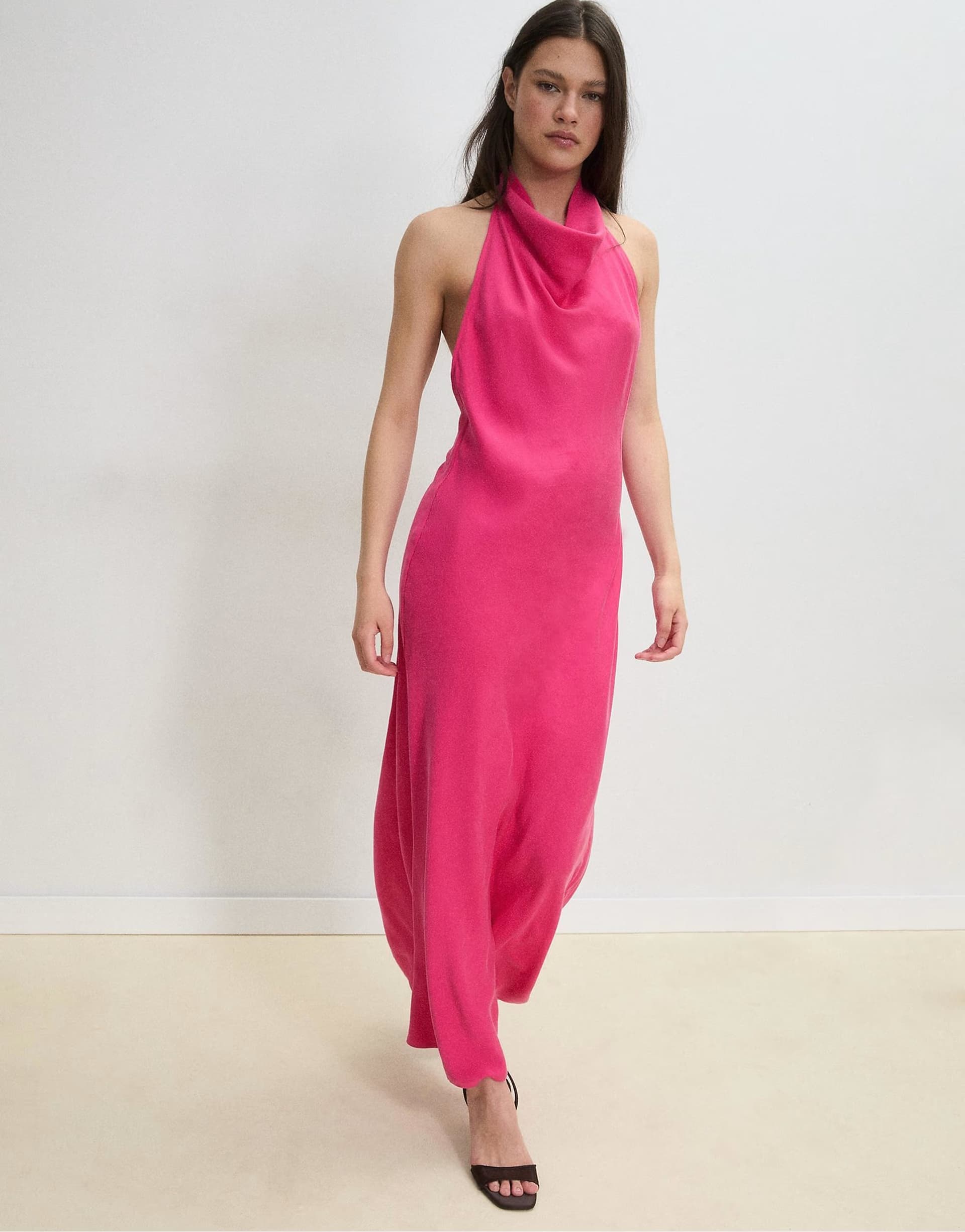 ASOS Stradivarius Backless halter midi dress in fuchsia
