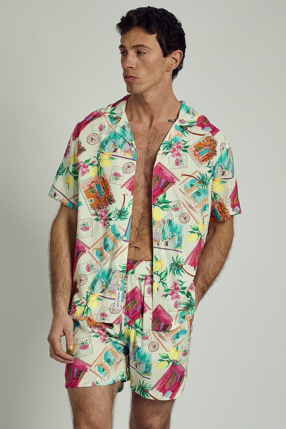Native Youth Native Youth Men's Short Sleeve Postcard Print Relaxed Shirt in Off-White