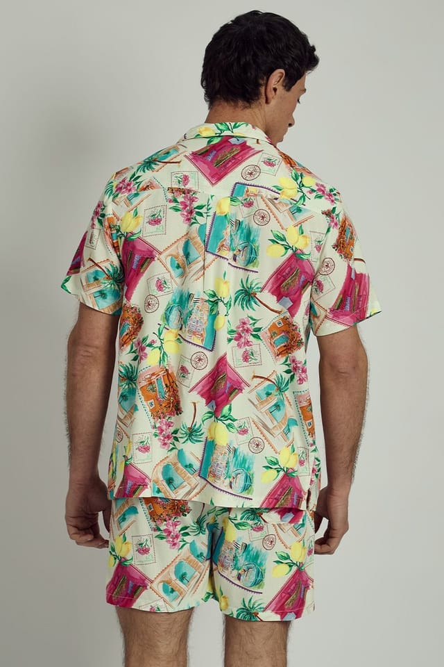 Native Youth Native Youth Men's Short Sleeve Postcard Print Relaxed Shirt in Off-White - 2