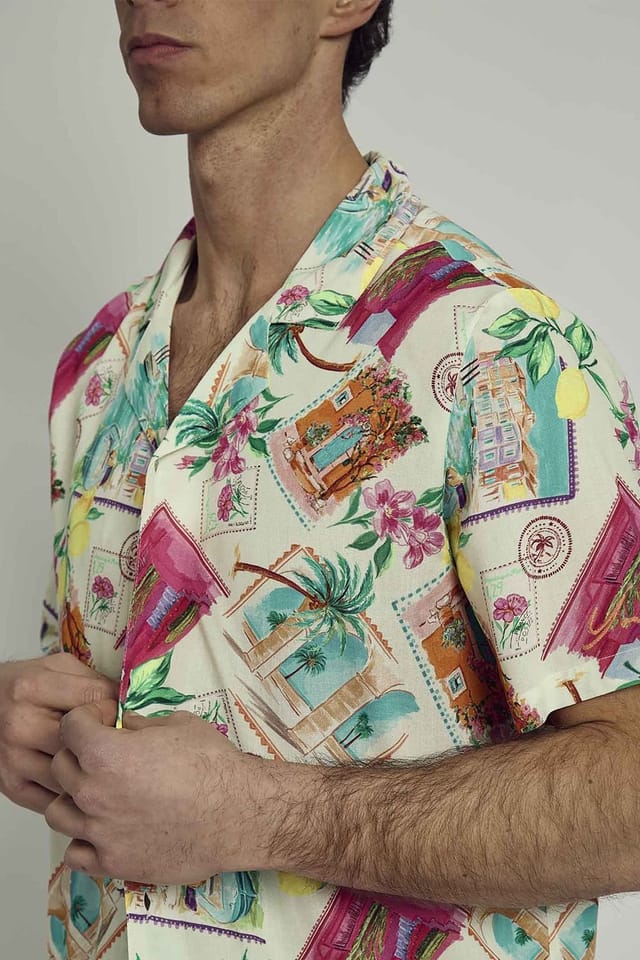 Native Youth Native Youth Men's Short Sleeve Postcard Print Relaxed Shirt in Off-White - 3