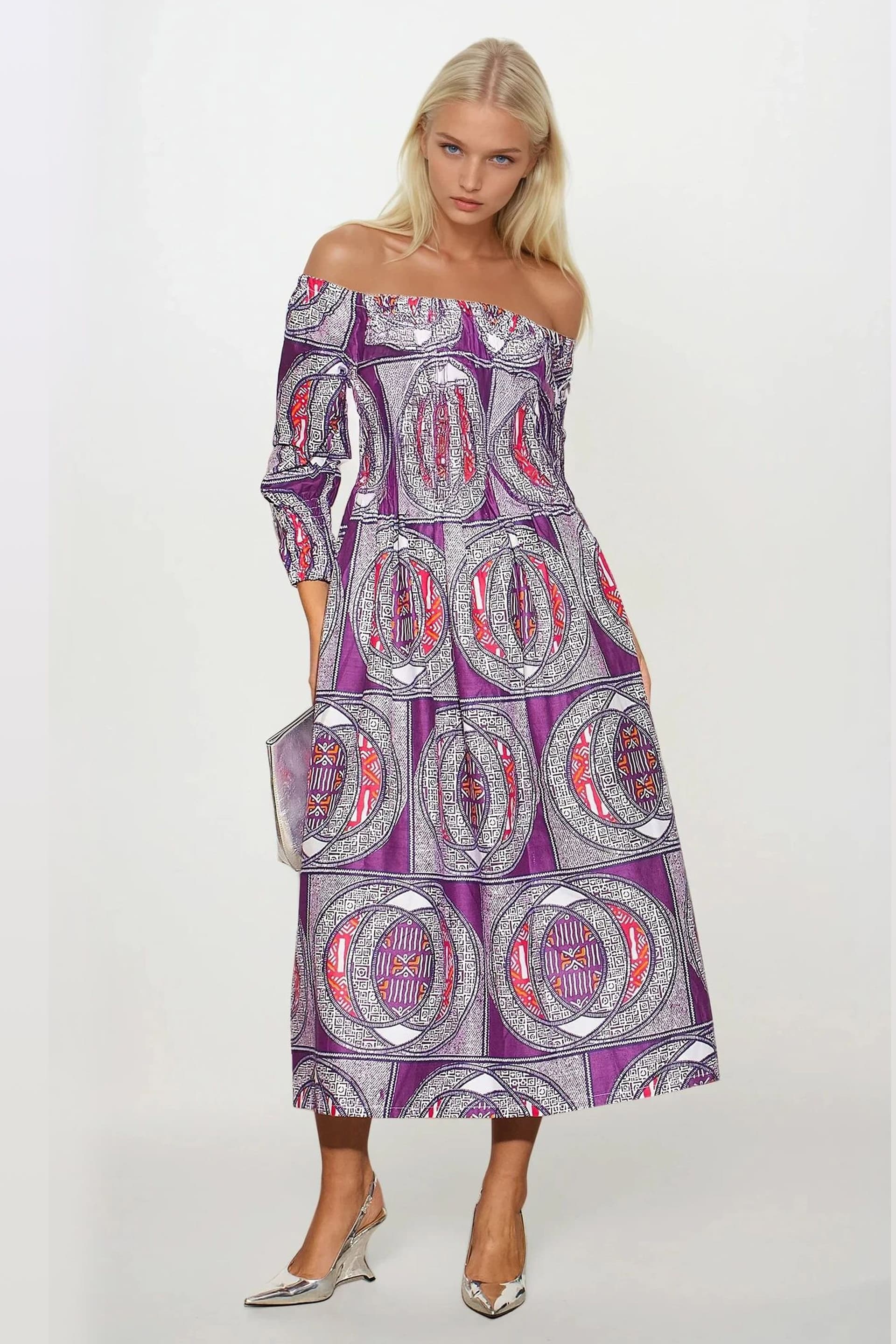 Dals Hart Dals Hart Women's Purple Print Off-Shoulder Maxi Dress