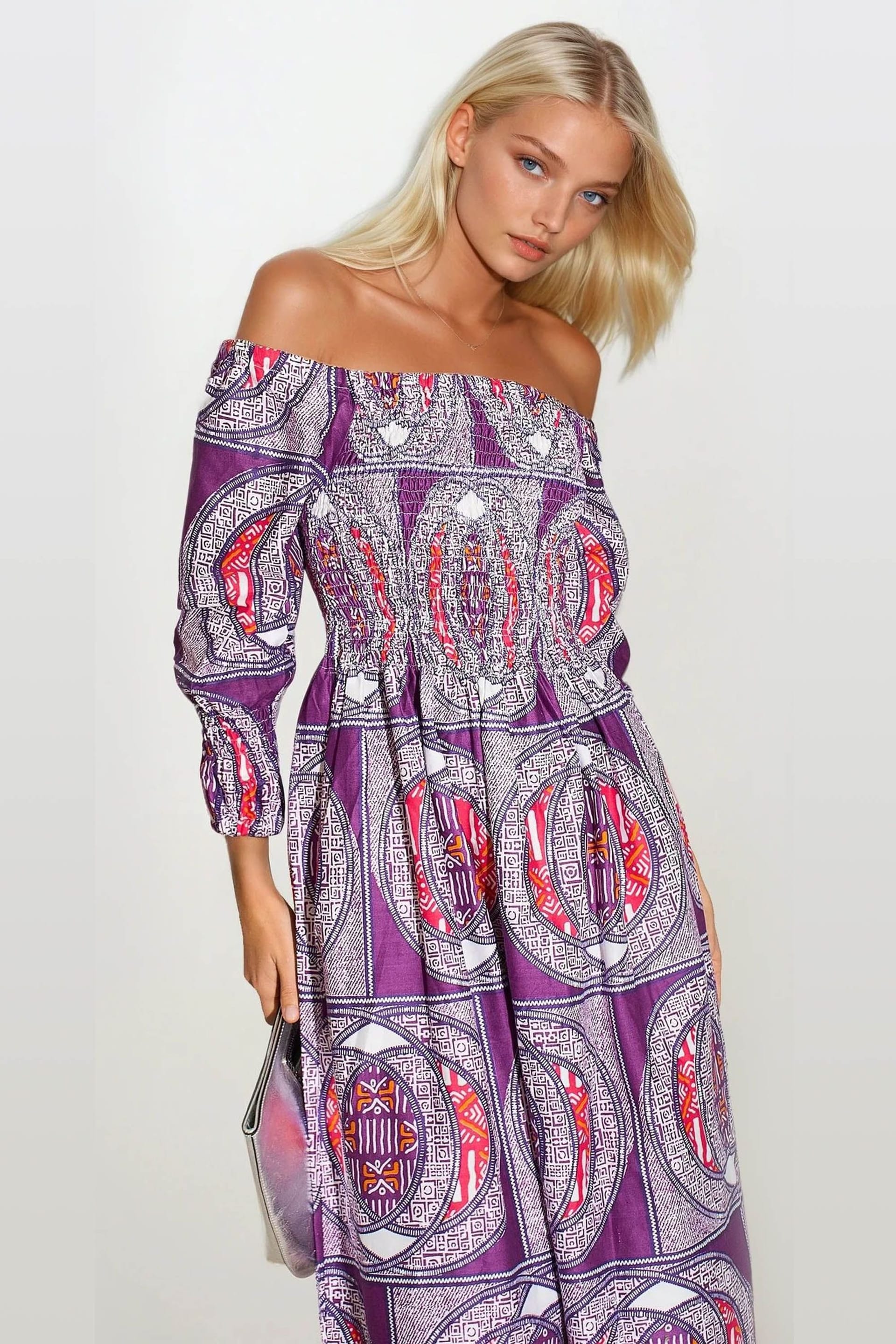 Dals Hart Dals Hart Women's Purple Print Off-Shoulder Maxi Dress - 4