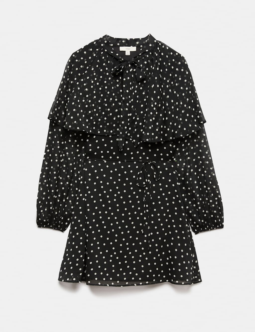 Marks & Spencer M&S Polka Dot Tie Neck Mini Smock Dress Black Mix