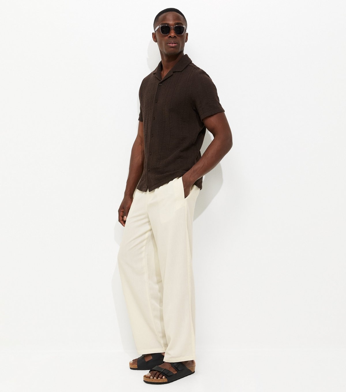 New Look Men's Off White Relaxed Linen Look Wide Leg Trousers New Look - 3