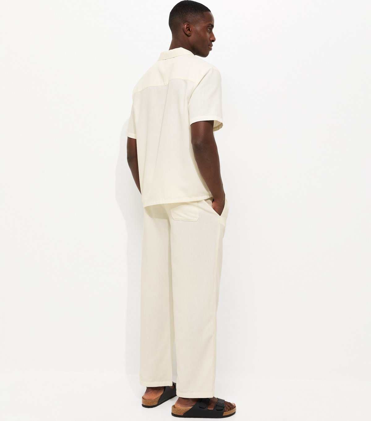 New Look Men's Off White Relaxed Linen Look Wide Leg Trousers New Look - 4
