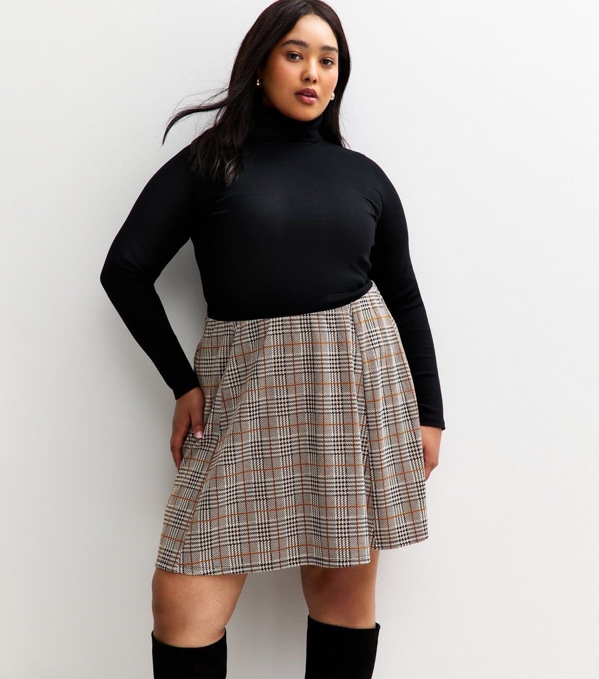New Look Women's Plus Size Brown Checked Mini Skirt Curves New Look