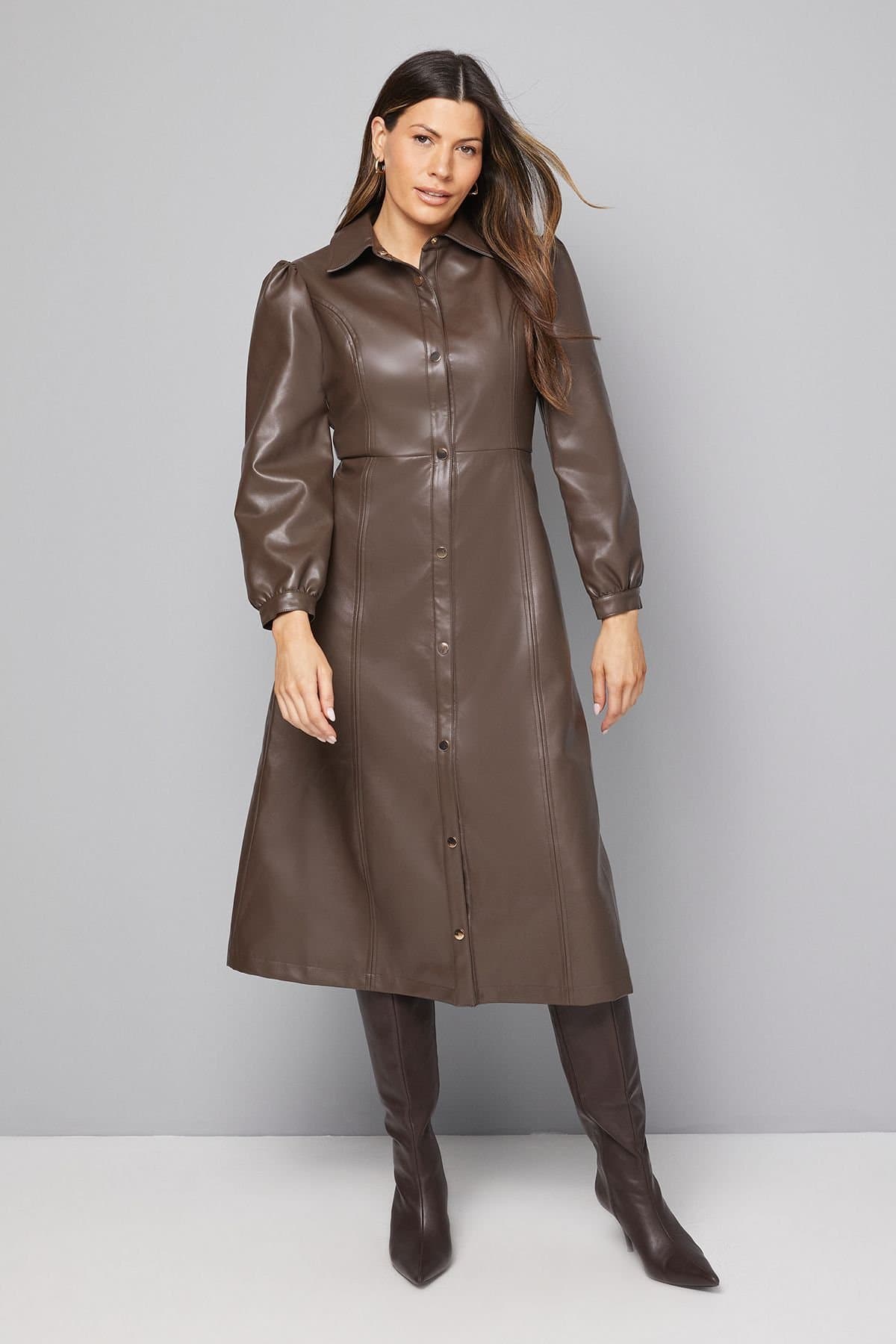 Wallis Wallis Women's Faux Leather Belted Midi Dress in Chocolate