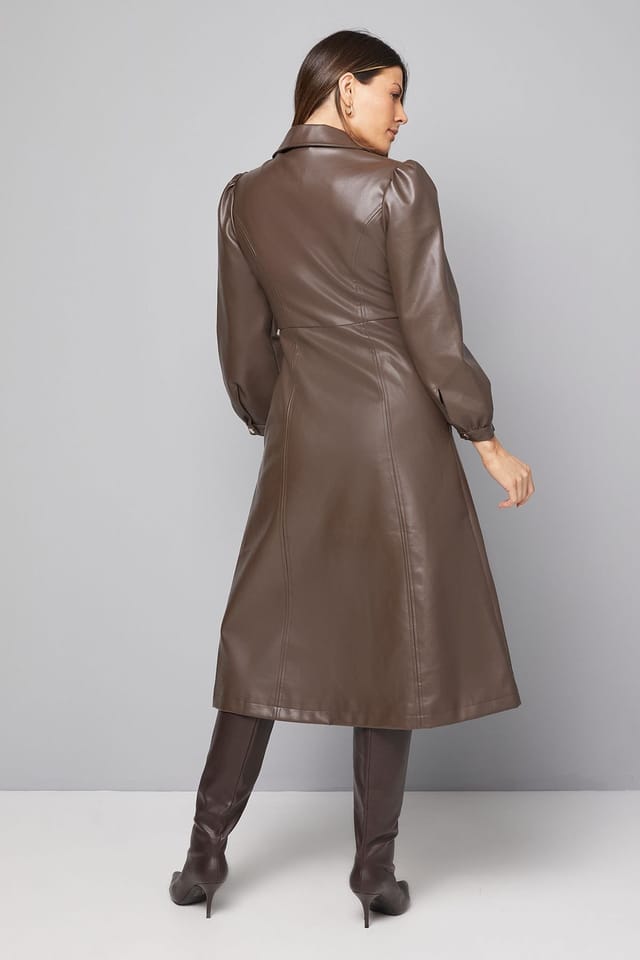 Wallis Wallis Women's Faux Leather Belted Midi Dress in Chocolate - 3