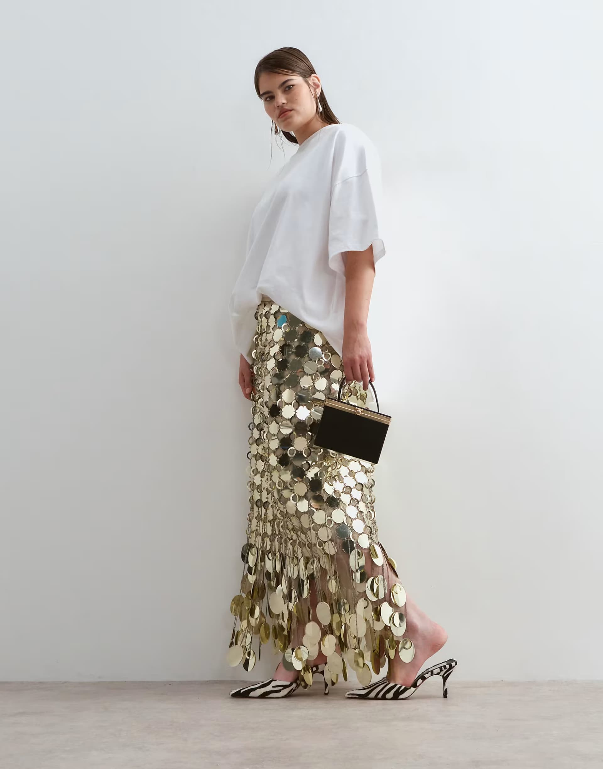 ASOS ARRANGE Curve futurist sequin fringe hem midi skirt in gold