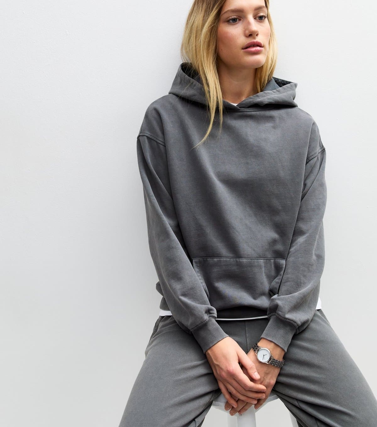 New Look Women's Grey Acid Wash Pullover Hoodie New Look