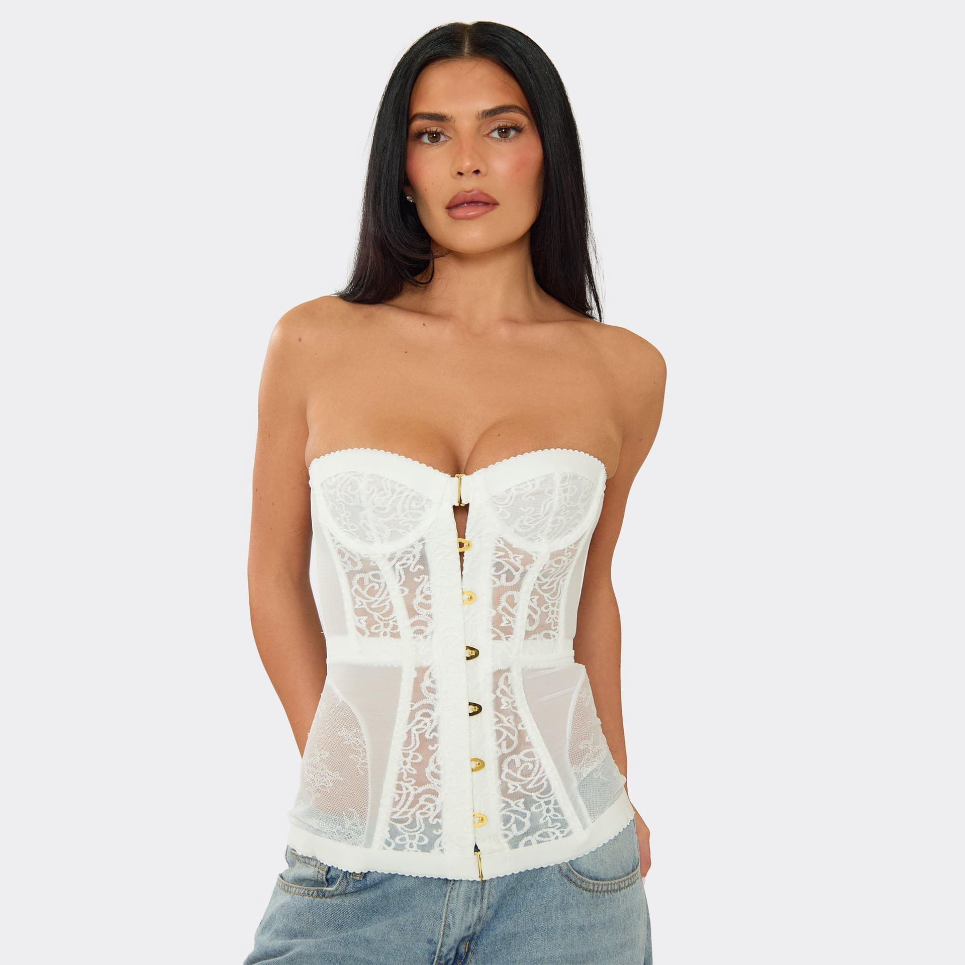 EGO Bandeau Clasp Front Corset Top In White Lace, Women's Size UK L