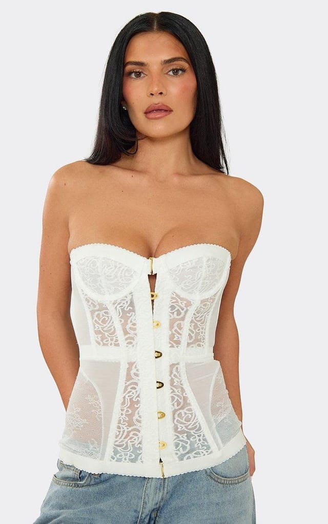 EGO Bandeau Clasp Front Corset Top In White Lace, Women's Size UK L - 2