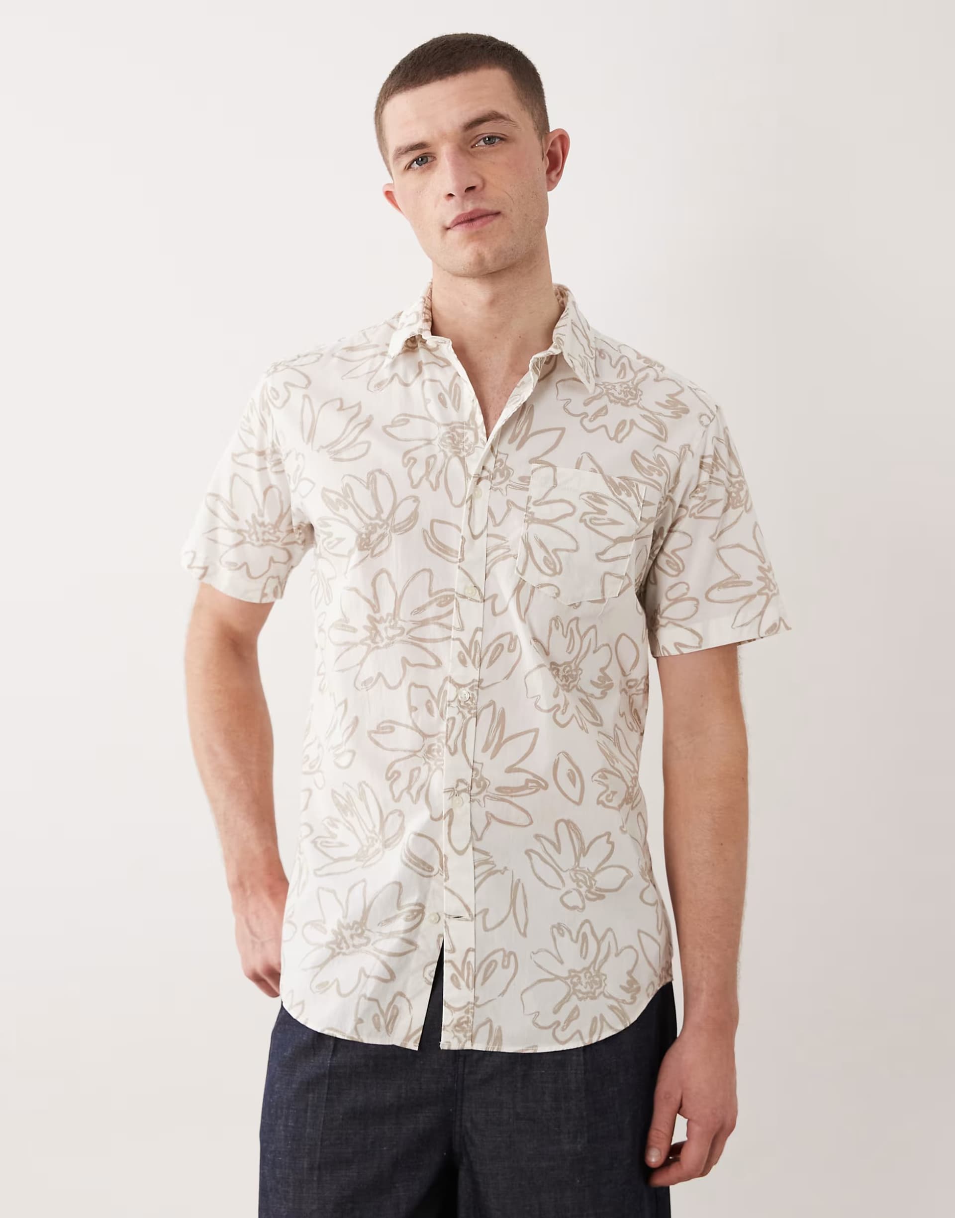 ASOS Jack & Jones short sleeve slim shirt in neutral floral