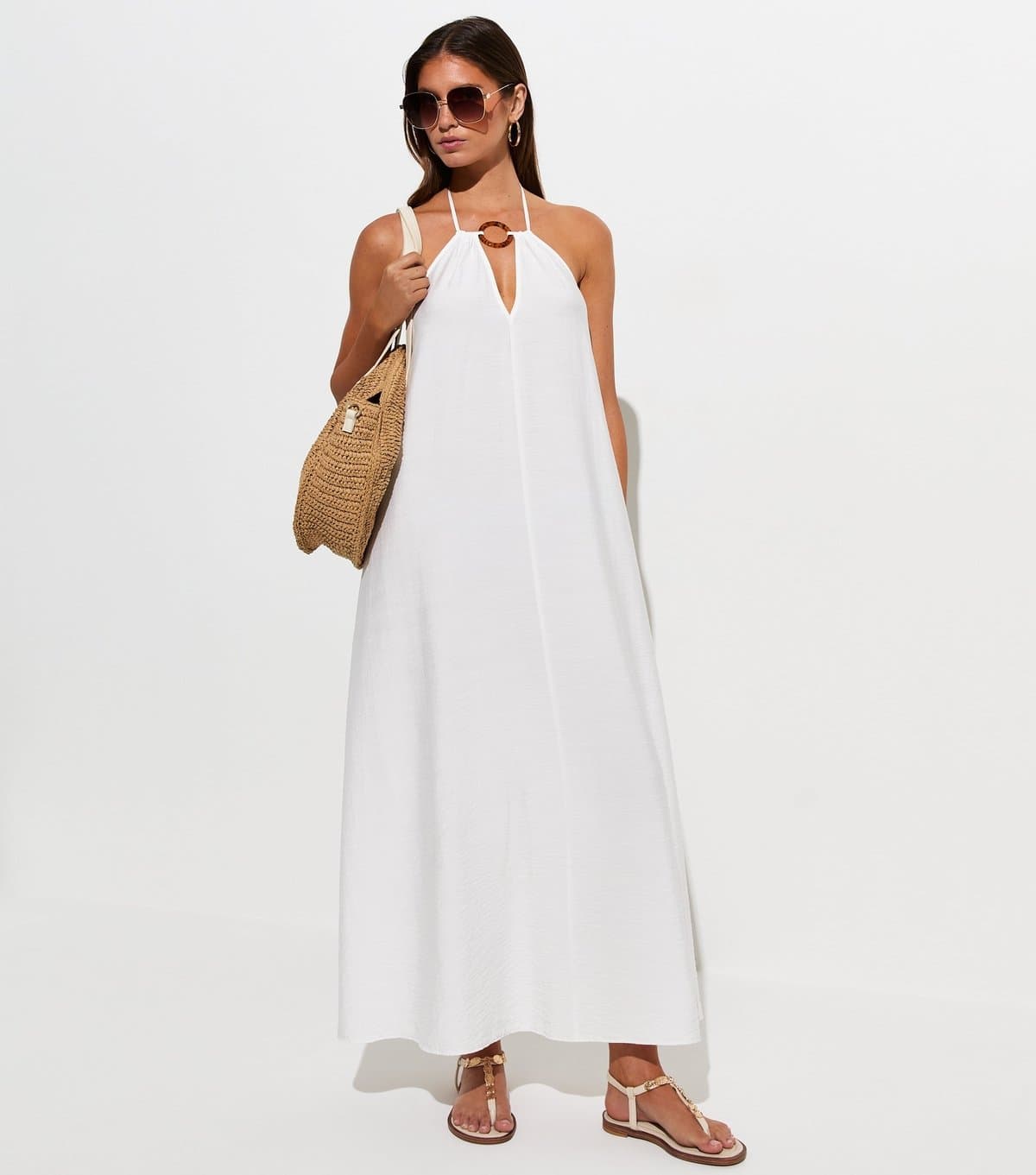 New Look Women's White Tortoiseshell Ring Maxi Dress New Look