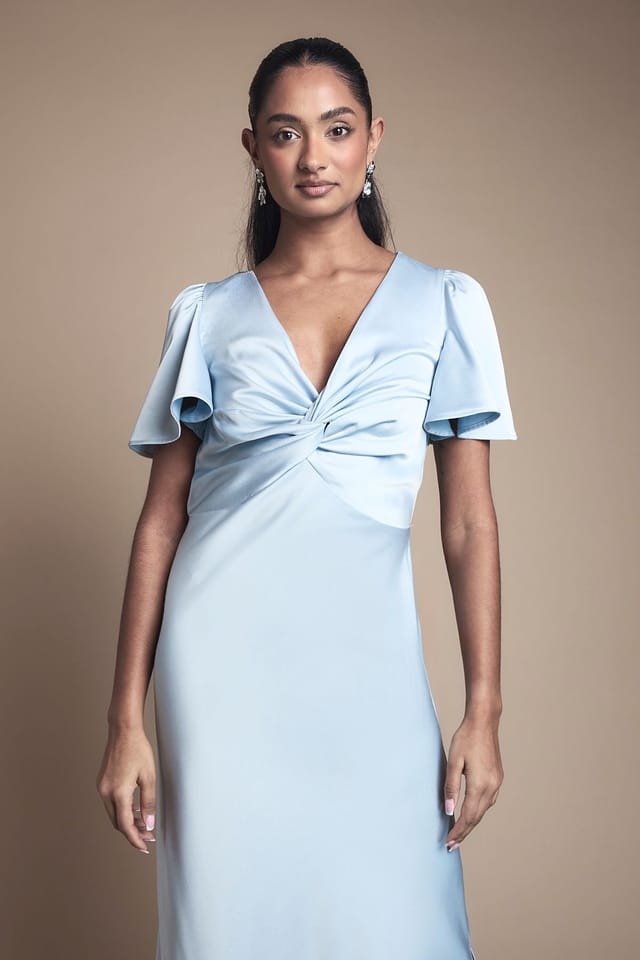Oasis Oasis Women's Satin Twist Front Angel Sleeve Midi Bridesmaid Dress in Light Blue - 2